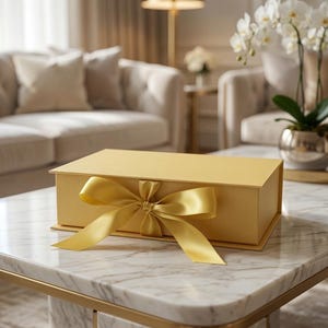 Puede incluir: Una caja de regalo rectangular de color dorado con tapa abatible, que presenta un lazo de satén dorado a juego atado en el centro de la parte frontal. La caja tiene un acabado mate suave y se encuentra colocada en posición horizontal.