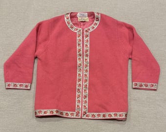 Vintage Deans of Scotland, Lambswool/Angora, pink, lined sweater with embroidery detail. Women's.