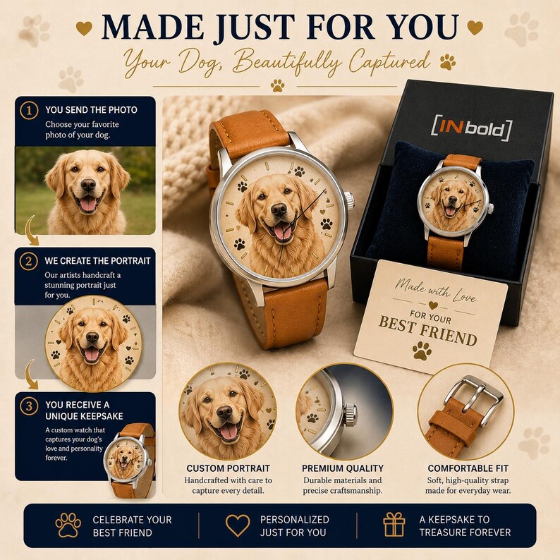 K&ouml;nnte beinhalten: Eine personalisierte Armbanduhr mit einem Golden Retriever Portr&auml;t auf dem Zifferblatt und einem hellbraunen Lederarmband. Das Set enth&auml;lt eine schwarze Box, eine Karte mit dem Text Made with Love FOR YOUR BEST FRIEND und eine visuelle Anleitung, die den Bestellprozess f&uuml;r diese individuelle Tierportr&auml;t-Uhr erkl&auml;rt.