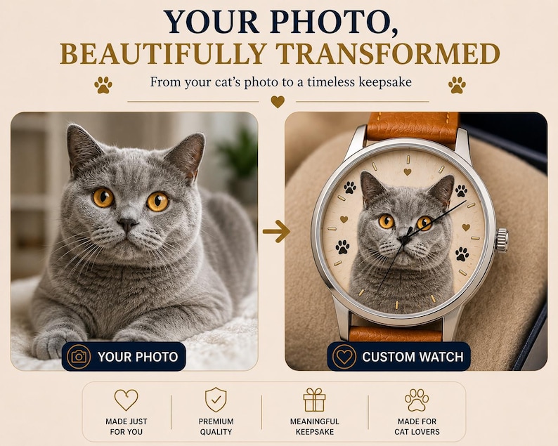 Custom Cat Lover Gift | Personalized Photo Watch | Pet Portrait image 3