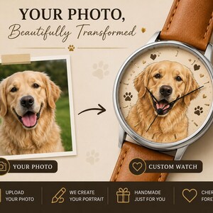 K&ouml;nnte beinhalten: Eine personalisierte Armbanduhr mit beigem Lederarmband und silberfarbenem Geh&auml;use, die ein Portr&auml;t eines Golden Retrievers auf dem Zifferblatt zeigt. Das Zifferblatt hat schwarze Zeiger, kleine Herzen und Pfotenabdr&uuml;cke. Text: YOUR PHOTO, Beautifully Transformed.
