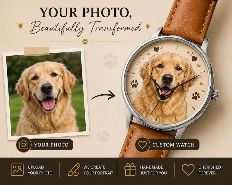 K&ouml;nnte beinhalten: Eine personalisierte Armbanduhr mit beigem Lederarmband und silberfarbenem Geh&auml;use, die ein Portr&auml;t eines Golden Retrievers auf dem Zifferblatt zeigt. Das Zifferblatt hat schwarze Zeiger, kleine Herzen und Pfotenabdr&uuml;cke. Text: YOUR PHOTO, Beautifully Transformed.