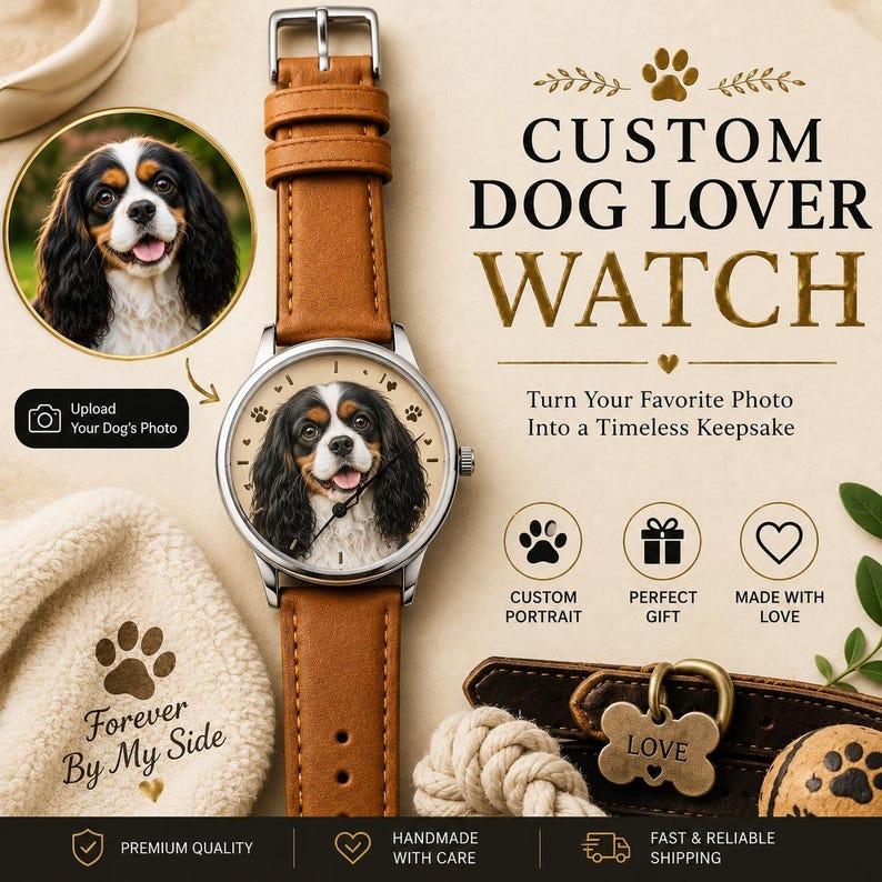 K&ouml;nnte beinhalten: Eine Armbanduhr mit beigem Lederarmband und silbernem Geh&auml;use, die ein individuelles Portr&auml;t eines Cavalier King Charles Spaniels auf dem Zifferblatt zeigt. Der Text lautet CUSTOM DOG LOVER WATCH, Turn Your Favorite Photo Into a Timeless Keepsake und Forever By My Side.