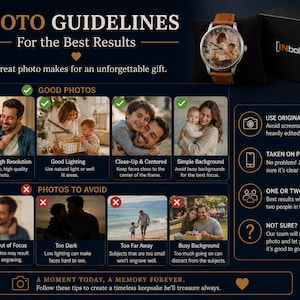 May include: An instructional graphic titled PHOTO GUIDELINES For the Best Results, featuring a wristwatch with a custom photo face and a black box labeled INbold. The chart displays examples of good and bad photos for engraving, with text tips.