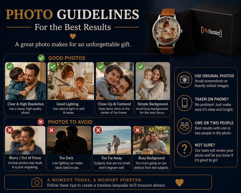 May include: An instructional graphic titled PHOTO GUIDELINES For the Best Results, featuring a wristwatch with a custom photo face and a black box labeled INbold. The chart displays examples of good and bad photos for engraving, with text tips.