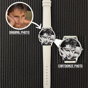 May include: White wristwatch with a black and white cartoonized photo of a person on the watch face. The watch has a white leather strap and a silver-colored case. The image also shows the original photo.