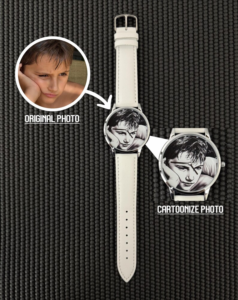 May include: White wristwatch with a black and white cartoonized photo of a person on the watch face. The watch has a white leather strap and a silver-colored case. The image also shows the original photo.