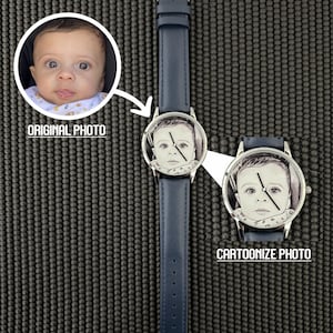 May include: A navy blue wristwatch with a silver-colored face featuring a cartoonized baby portrait. The watch has a matching navy blue leather strap. The image also shows the original photo of the baby.