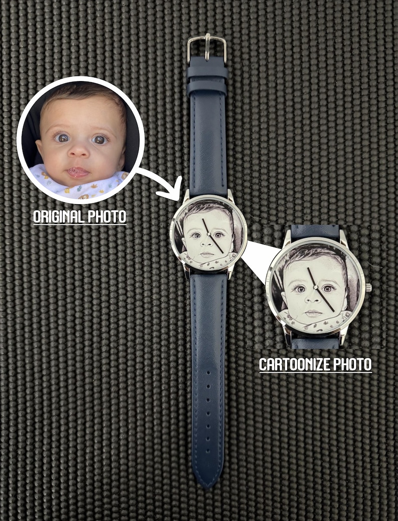 May include: A navy blue wristwatch with a silver-colored face featuring a cartoonized baby portrait. The watch has a matching navy blue leather strap. The image also shows the original photo of the baby.