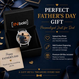 May include: A silver-tone wristwatch with a black leather strap, featuring a custom photo of two people on the dial. The watch is presented in a black gift box alongside a card that reads Happy FATHER'S DAY Thank you for everything you do.