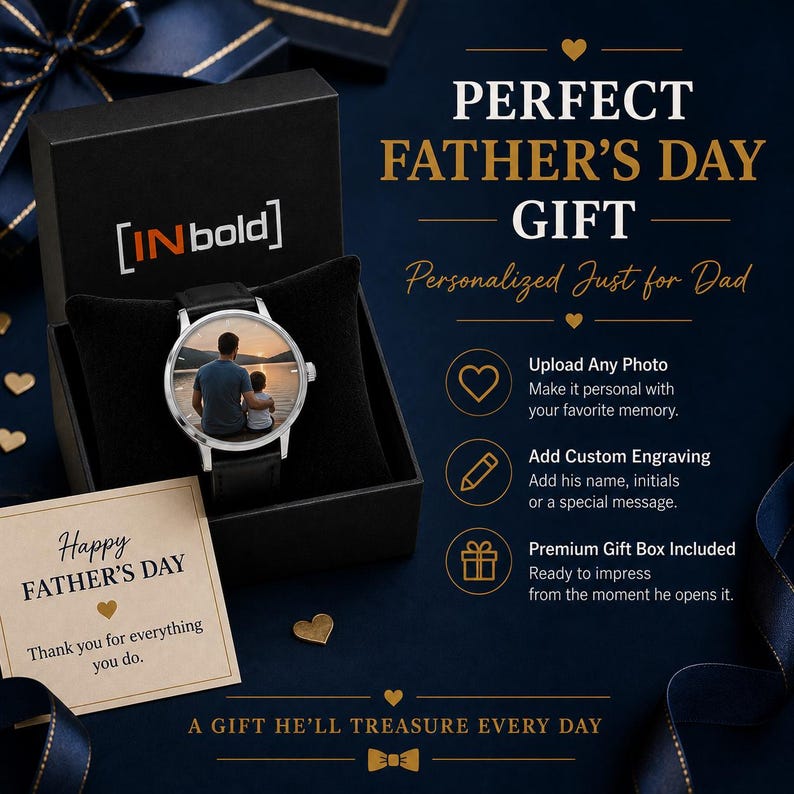 May include: A silver-tone wristwatch with a black leather strap, featuring a custom photo of two people on the dial. The watch is presented in a black gift box alongside a card that reads Happy FATHER'S DAY Thank you for everything you do.