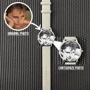 May include: A light gray wristwatch with a white face featuring a black and white cartoonized portrait. The watch has a matching light gray leather strap. The image also shows the original photo and the text "ORIGINAL PHOTO" and "CARTOONIZE PHOTO".