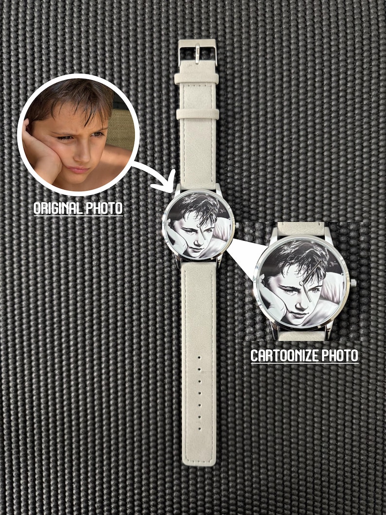 May include: A light gray wristwatch with a white face featuring a black and white cartoonized portrait. The watch has a matching light gray leather strap. The image also shows the original photo and the text "ORIGINAL PHOTO" and "CARTOONIZE PHOTO".