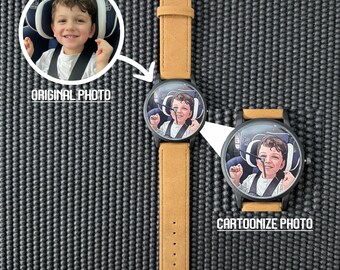 Personalized Photo Watch for Dad, Custom Leather Strap Timepiece