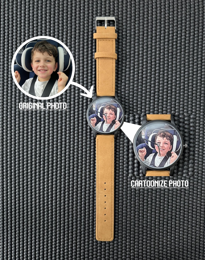 May include: A personalized watch with a tan leather strap and a black watch face. The watch face features a cartoon image of a child. The image also shows the original photo and the cartoonized photo with the text "ORIGINAL PHOTO" and "CARTOONIZE PHOTO".