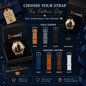 May include: A customizable wristwatch with a photo dial featuring a silhouette of two people, presented in a black gift box. Includes various interchangeable strap options in faux leather and genuine leather, labeled by color and material type.
