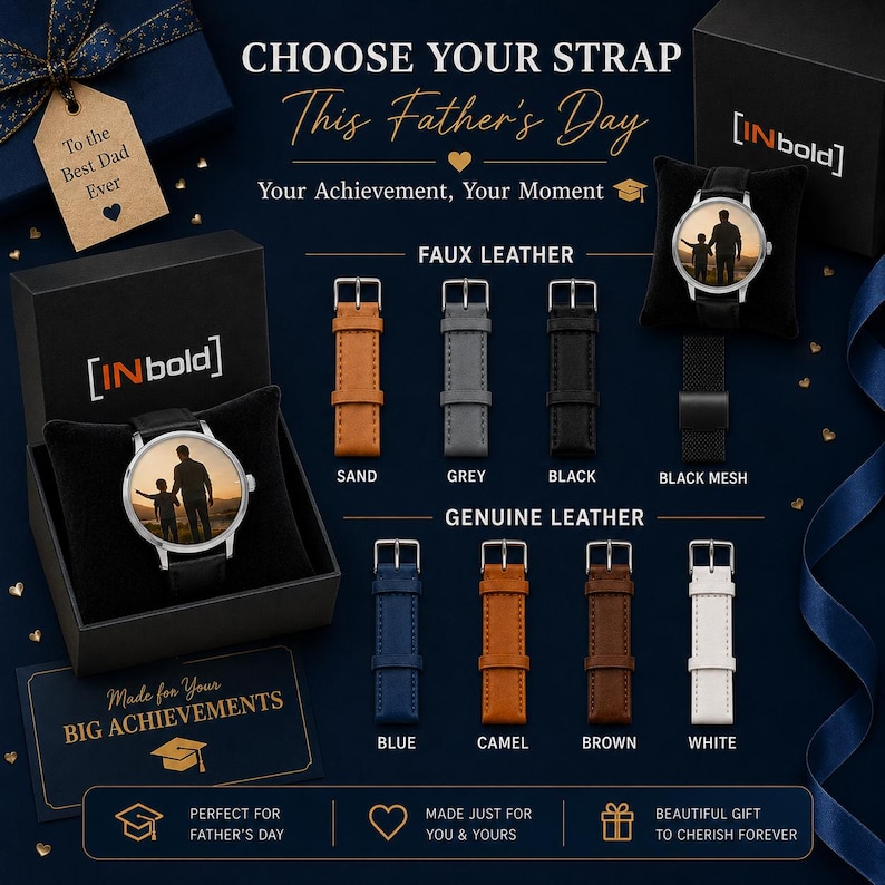 May include: A customizable wristwatch with a photo dial featuring a silhouette of two people, presented in a black gift box. Includes various interchangeable strap options in faux leather and genuine leather, labeled by color and material type.