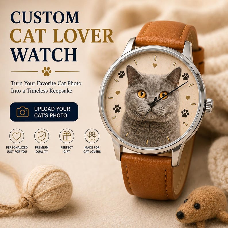 Custom Cat Lover Gift | Personalized Photo Watch | Pet Portrait image 1