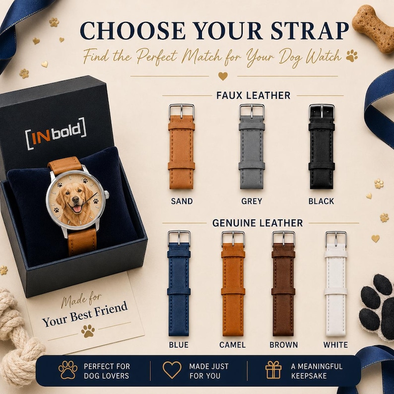K&ouml;nnte beinhalten: Eine Armbanduhr mit einem Golden Retriever Portr&auml;t auf dem Zifferblatt, pr&auml;sentiert in einer schwarzen Box. Das Bild zeigt Armbandoptionen, beschriftet als Faux Leather in Sand, Grau, Schwarz und Genuine Leather in Blau, Kamel, Braun und Wei&szlig;.