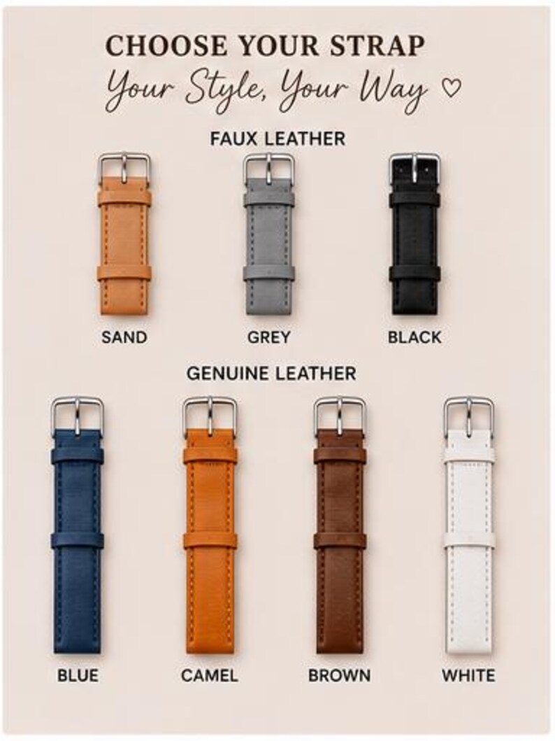 May include: An image showcasing watch straps in various colors: sand, grey, black, blue, camel, brown, and white. The text reads "Choose Your Strap, Your Style, Your Way."