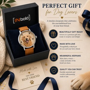 K&ouml;nnte beinhalten: Eine Armbanduhr mit hellbraunem Lederarmband und silberfarbenem Geh&auml;use, deren Zifferblatt das Portr&auml;t eines Golden Retrievers zeigt, pr&auml;sentiert in einer schwarzen Box mit dem Text "PERFECT GIFT for Dog Lovers" und "Made with Love FOR YOUR BEST FRIEND."
