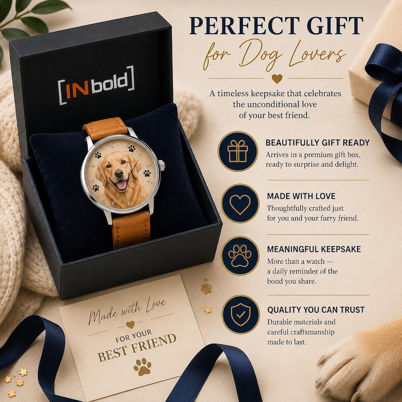 K&ouml;nnte beinhalten: Eine Armbanduhr mit hellbraunem Lederarmband und silberfarbenem Geh&auml;use, deren Zifferblatt das Portr&auml;t eines Golden Retrievers zeigt, pr&auml;sentiert in einer schwarzen Box mit dem Text "PERFECT GIFT for Dog Lovers" und "Made with Love FOR YOUR BEST FRIEND."