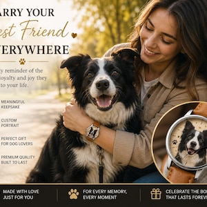 K&ouml;nnte beinhalten: Eine Armbanduhr mit einem individuellen Portr&auml;t eines schwarz-wei&szlig;en Border Collies auf dem Zifferblatt, verziert mit kleinen Pfotenabdr&uuml;cken und Herzen. Die Uhr hat ein silberfarbenes rundes Geh&auml;use und ein beiges Lederarmband, gezeigt im Ausschnitt.