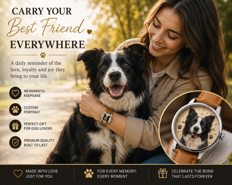 K&ouml;nnte beinhalten: Eine Armbanduhr mit einem individuellen Portr&auml;t eines schwarz-wei&szlig;en Border Collies auf dem Zifferblatt, verziert mit kleinen Pfotenabdr&uuml;cken und Herzen. Die Uhr hat ein silberfarbenes rundes Geh&auml;use und ein beiges Lederarmband, gezeigt im Ausschnitt.