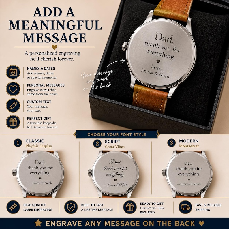 May include: A silver-toned wristwatch with a tan leather strap, presented in a black box. The watch back features the engraving: Dad, thank you for everything. Love, Emma & Noah. The image displays three font style options for custom engraving.