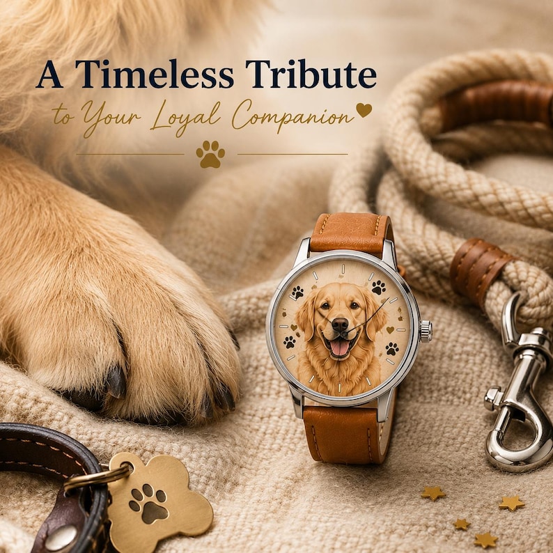 K&ouml;nnte beinhalten: Eine Armbanduhr mit hellbraunem Lederarmband und silberfarbenem Geh&auml;use, das auf dem Zifferblatt das Portr&auml;t eines Golden Retrievers zeigt. Das Zifferblatt enth&auml;lt Pfotenabdr&uuml;cke und kleine Herzen. Der Text lautet A Timeless Tribute to Your Loyal Companion.