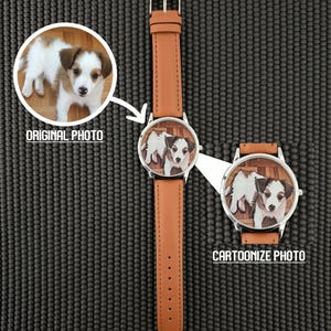 Custom Photo Watch: Personalized Leather Band, Cartoon Dial, Pet Portrait