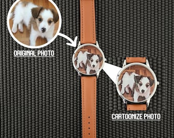 Custom Photo Watch: Personalized Leather Band, Cartoon Dial, Pet Portrait