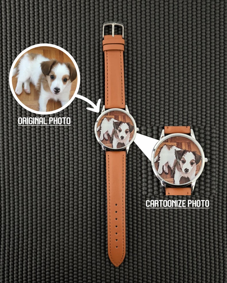 May include: A brown leather watch with a silver case and a cartoon image of a puppy on the face. The watch has a brown leather strap and a silver buckle. The image also includes a photo of the original puppy.