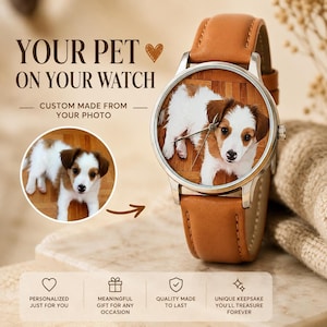 May include: A wristwatch with a tan leather strap and a silver-tone case featuring a custom photo of a white and brown puppy on the watch face. The text reads: YOUR PET ON YOUR WATCH, CUSTOM MADE FROM YOUR PHOTO, PERSONALIZED JUST FOR YOU.