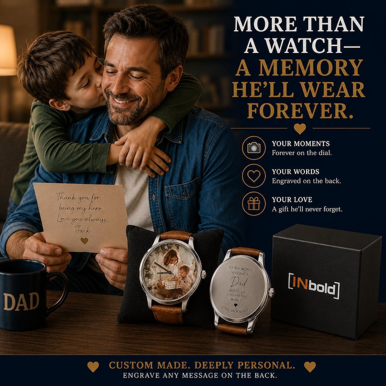May include: Two custom wristwatches with brown leather straps. One watch features a photo on the dial, while the other shows a custom engraving on the back. The set includes a black gift box, a dark blue mug with the word DAD, and a note reading Thank you for being my hero. Love you always. Jack.