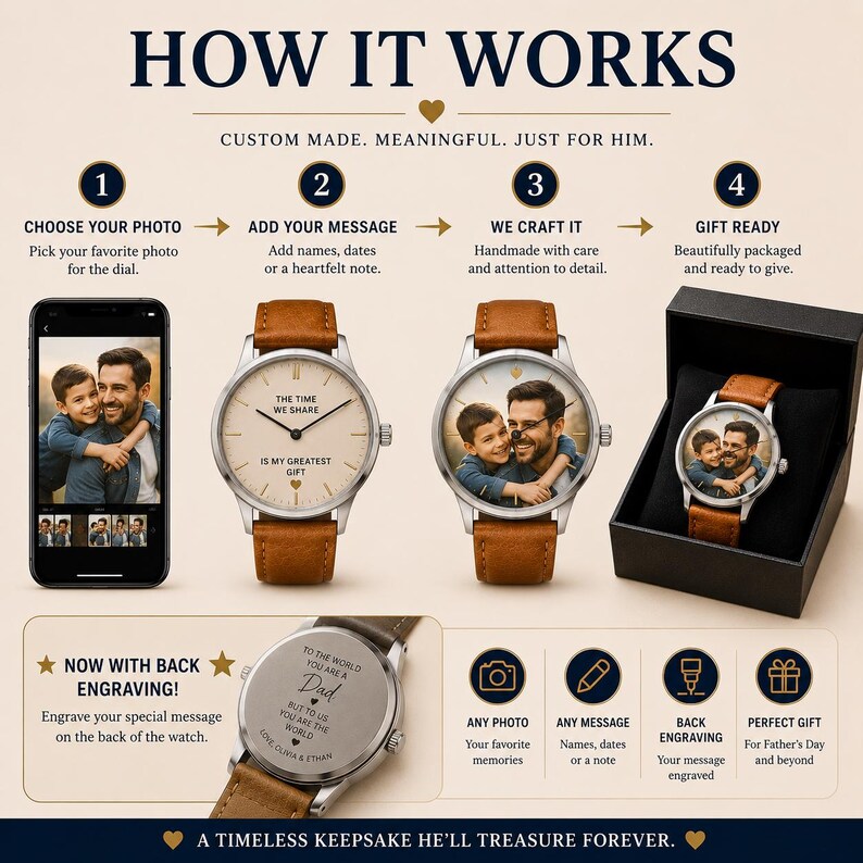 May include: An infographic titled HOW IT WORKS showing a custom watch process. It features a smartphone displaying a photo, two watches with tan leather straps and silver cases, and a black gift box. The back of a watch shows custom engraving.