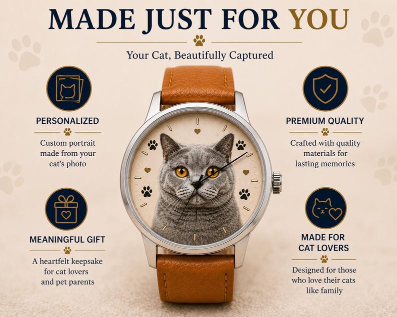 Custom Cat Lover Gift | Personalized Photo Watch | Pet Portrait image 7