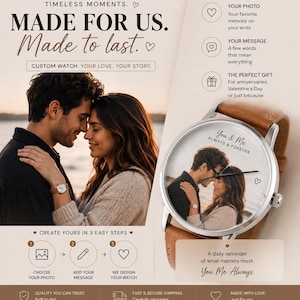 May include: A custom watch with a brown leather band and a silver-colored case. The watch face features a photo of a couple and the words "You & Me Always & Forever." The image also includes the text "Made for Us. Made to last."