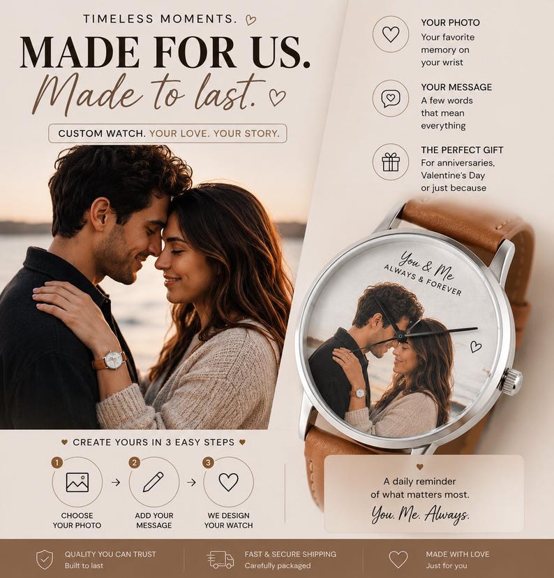 May include: A custom watch with a brown leather band and a silver-colored case. The watch face features a photo of a couple and the words "You & Me Always & Forever." The image also includes the text "Made for Us. Made to last."