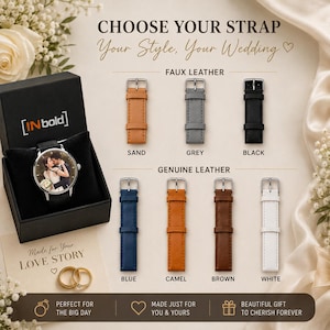 Puede incluir: Un reloj de pulsera con esfera fotogr&aacute;fica personalizada dentro de una caja negra, acompa&ntilde;ado de siete correas intercambiables en colores arena, gris, negro, azul, camel, marr&oacute;n y blanco. La imagen incluye opciones de texto para elegir correas.