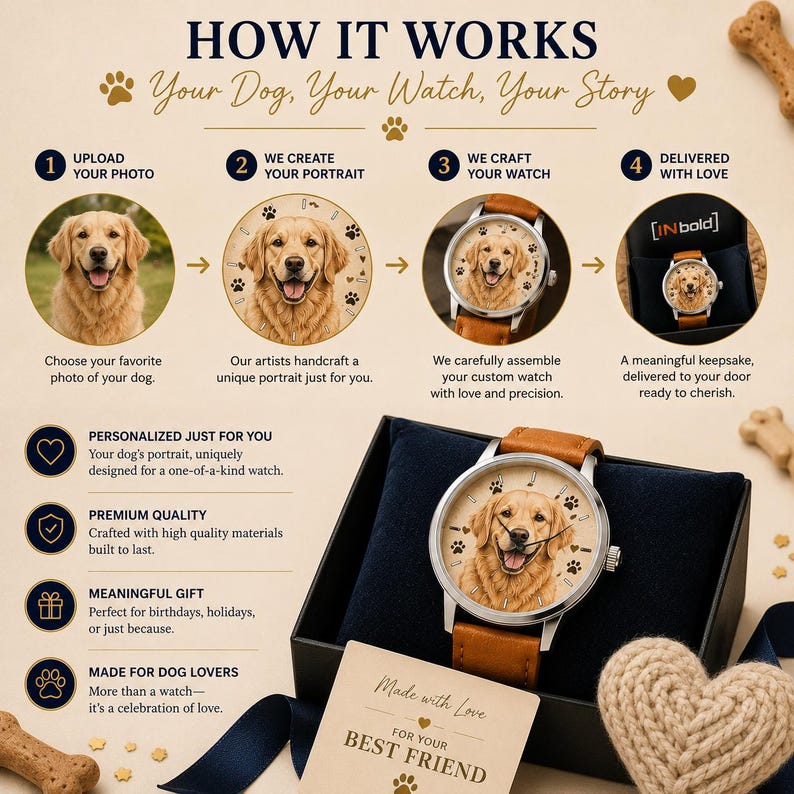 K&ouml;nnte beinhalten: Eine Infografik mit dem Titel HOW IT WORKS Your Dog, Your Watch, Your Story, die einen vierstufigen Prozess zur Erstellung einer individuellen Uhr mit Hundeportr&auml;t zeigt. Eine braune Lederuhr mit einem Golden Retriever liegt in einer Box.