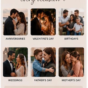 May include: A beige graphic with the text "MADE FOR every occasion" and photos for anniversaries, Valentine's Day, birthdays, weddings, Father's Day, and Mother's Day. The text "For every moment that matters" is also included.