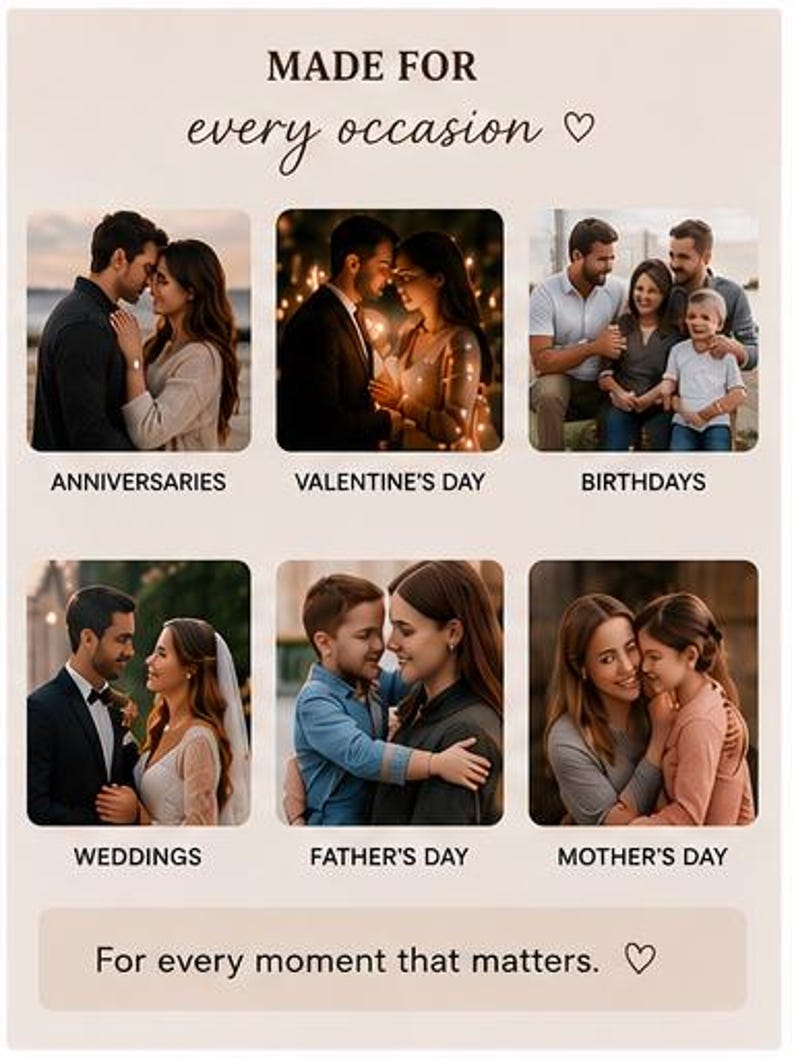 May include: A beige graphic with the text "MADE FOR every occasion" and photos for anniversaries, Valentine's Day, birthdays, weddings, Father's Day, and Mother's Day. The text "For every moment that matters" is also included.