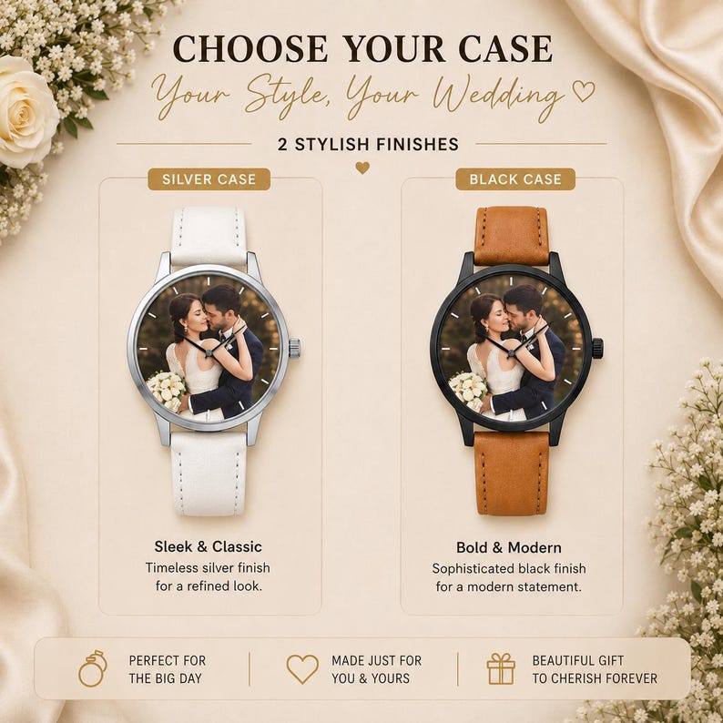 Puede incluir: Dos relojes de pulsera con esferas fotogr&aacute;ficas personalizadas que muestran a una pareja con ropa de boda. Un reloj tiene caja plateada con correa de cuero blanca y el otro caja negra con correa de cuero marr&oacute;n claro. Texto: CHOOSE YOUR CASE.