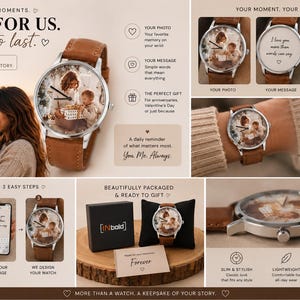 May include: A custom watch with a photo on the face and a brown leather strap. The watch is displayed in various settings, including on a wrist and in a gift box. Text on the watch face reads "Made for Us. Made to last."