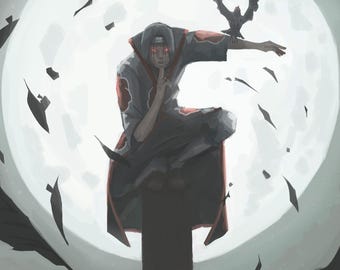 May include: A digital illustration of a character wearing a dark cloak with red cloud patterns, crouching on a wooden post. The character has glowing red eyes and holds a finger to their lips. A crow perches on their arm against a large full moon.