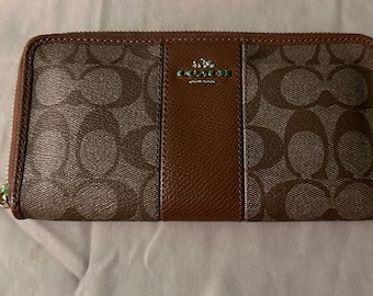 Coach Signature Zip Around Wallet in Brown Canvas Leather