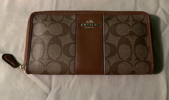 Coach Signature Zip Around Wallet in Brown Canvas Leather 