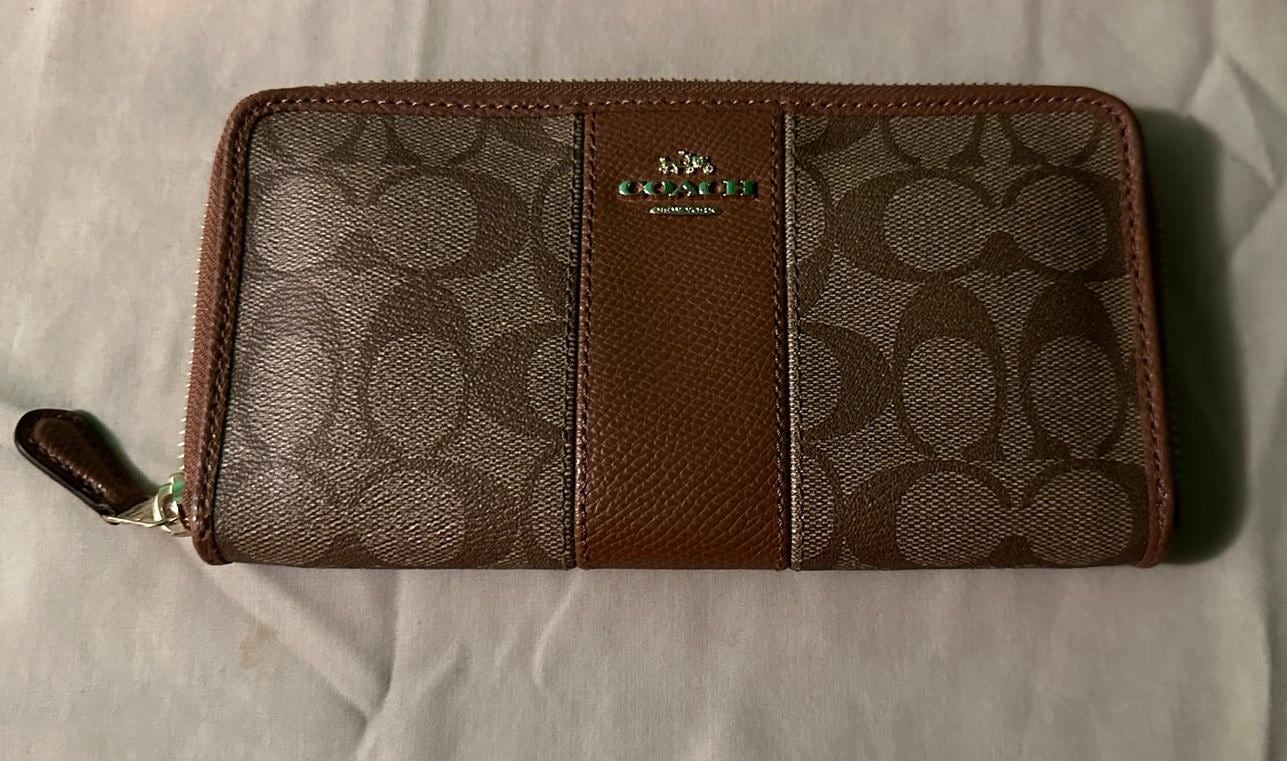 Coach Signature Zip Around Wallet in Brown Canvas Leather