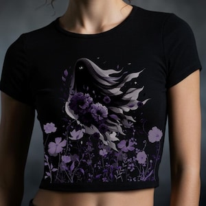 Mystical Ghost Crop Tee: Wildflower Meadow Print - Gothic Cottagecore